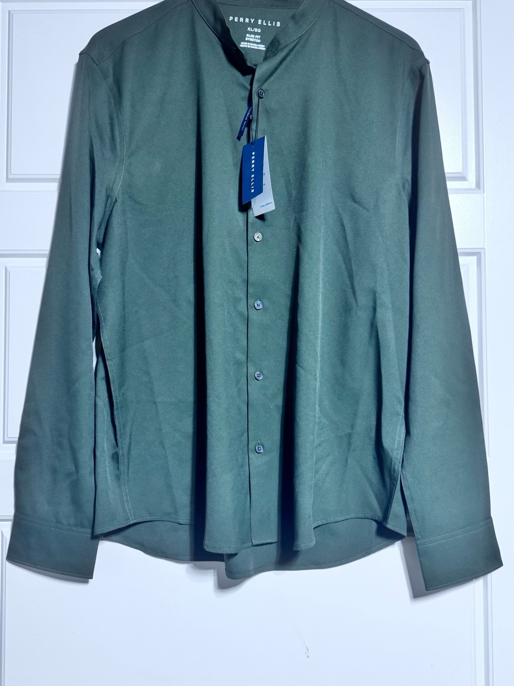 NWT Perry Ellis UNTUCKED SLIM FIT TOTAL STRETCH BANDED COLLAR SHIRT DARK GREEN